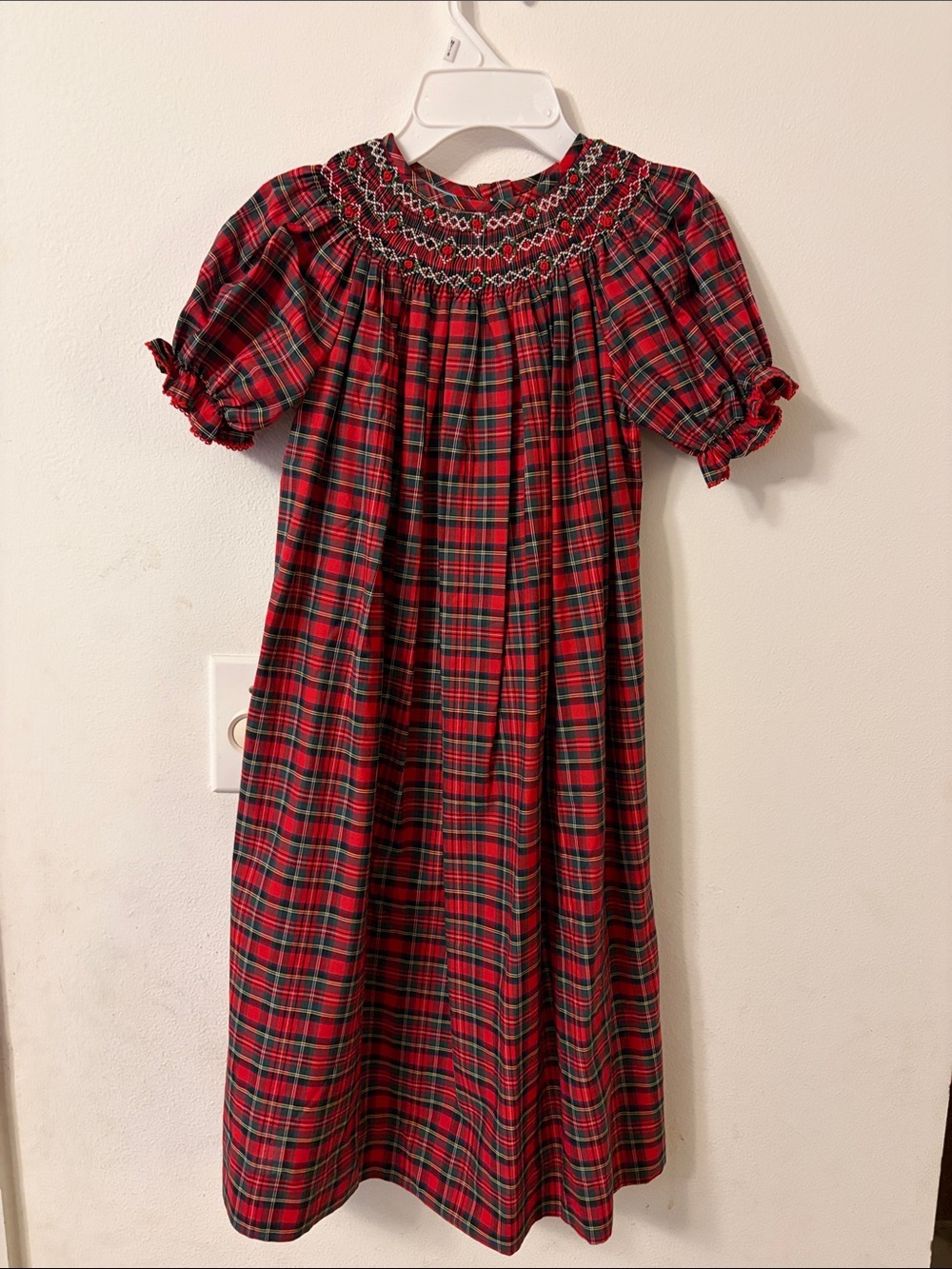 Smocked Red Plaid Dress with Puff Sleeves